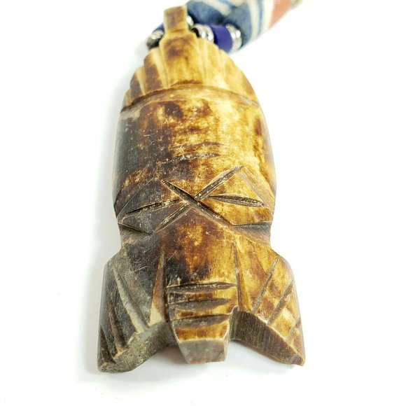 Vintage Ethnic Carved Stone Necklace Leather Cord - Picture 4 of 8